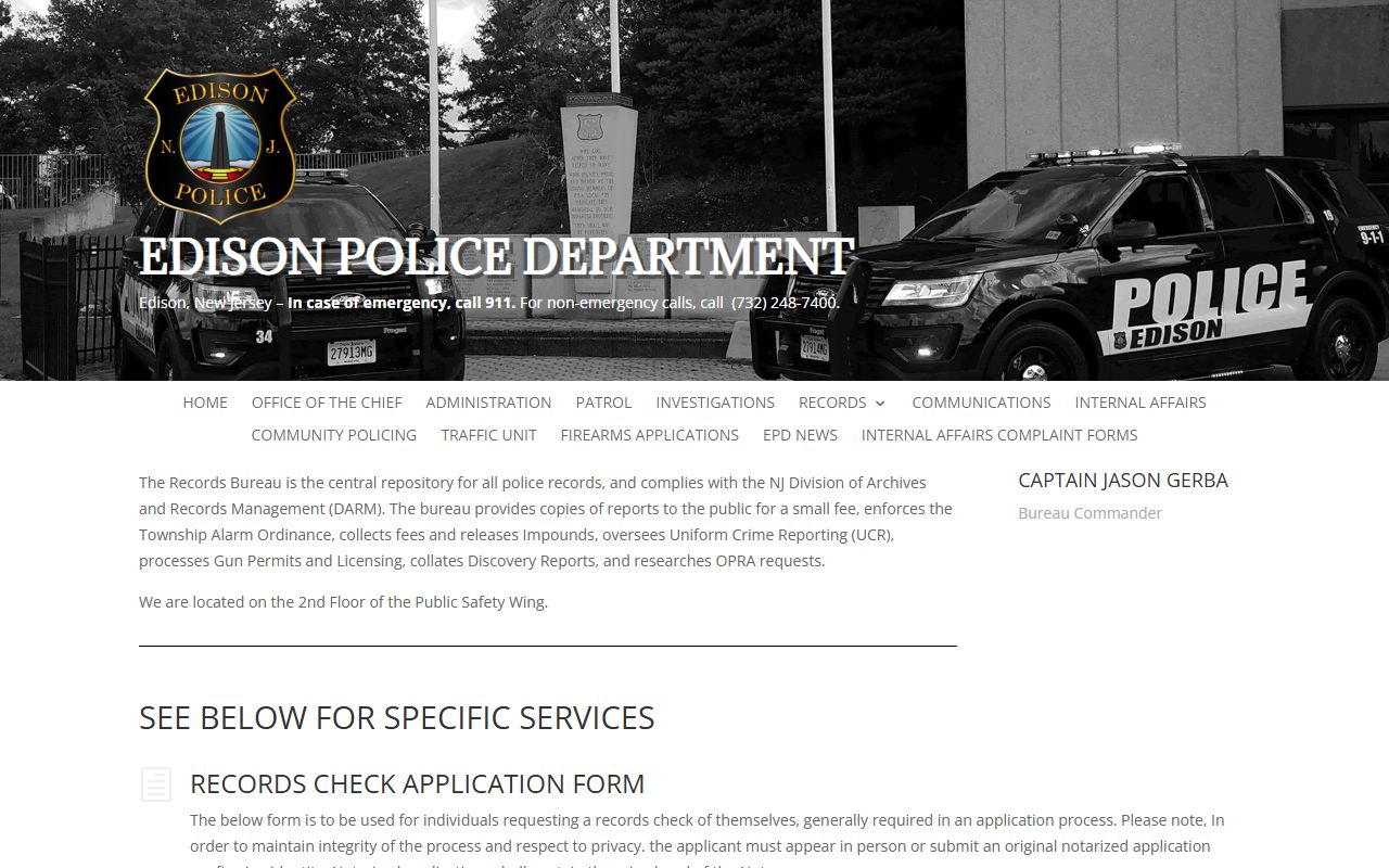 Edison Township 72 hour booking police records bureau page