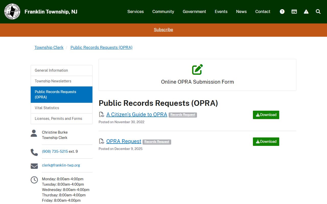 Franklin Township 72 hour booking OPRA request submission page