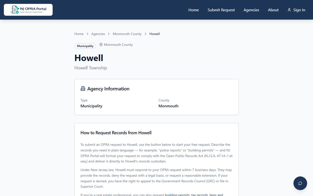 Howell Township 72 hour booking OPRA portal access