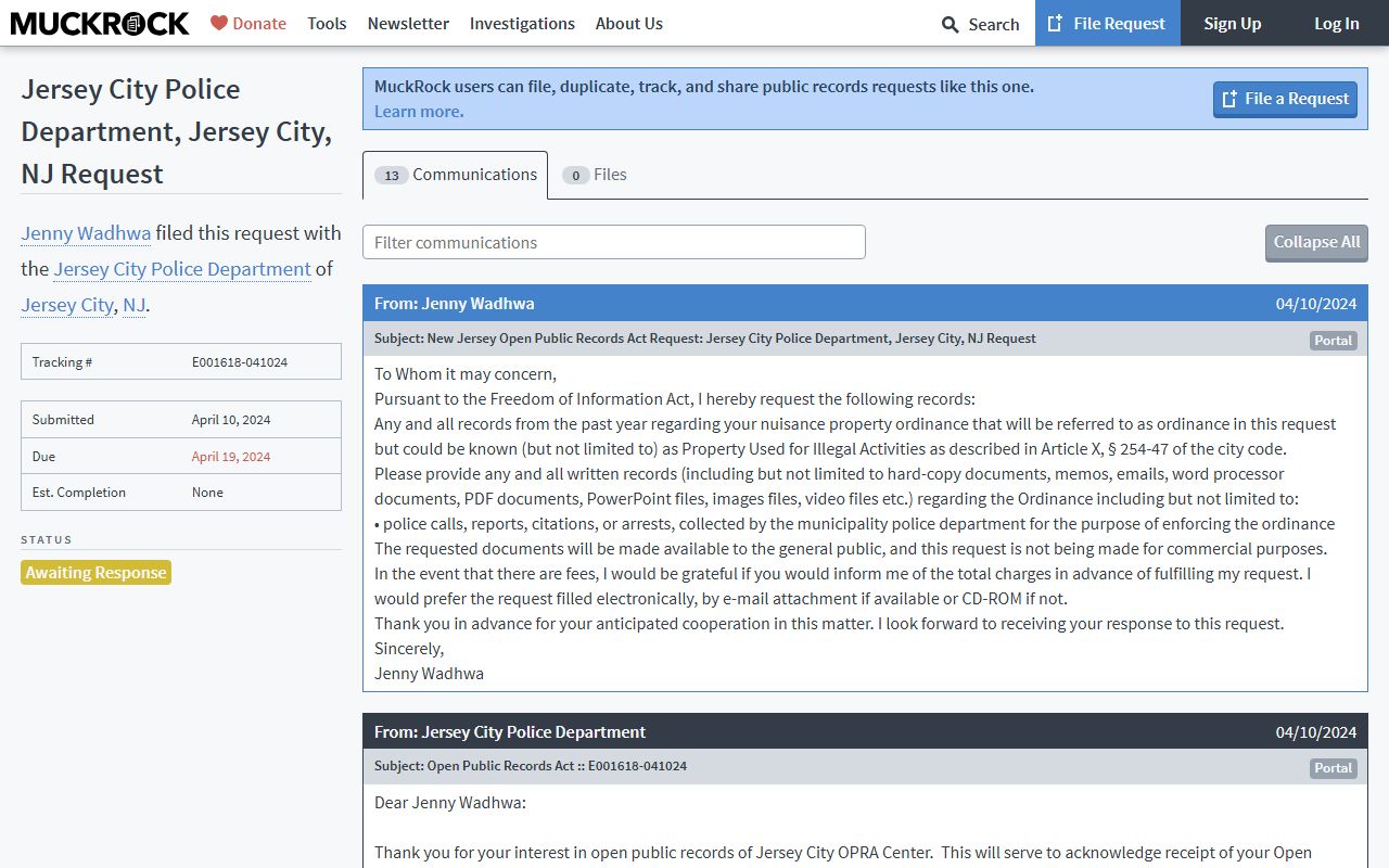 Jersey City 72 hour booking police department records request