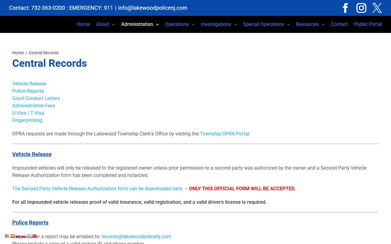 Lakewood Township 72 hour booking central records unit information
