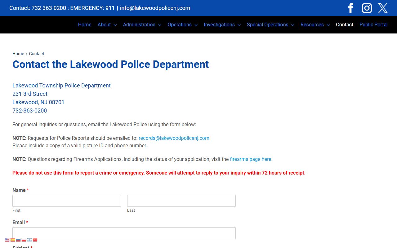 Lakewood Township 72 hour booking police department contact information