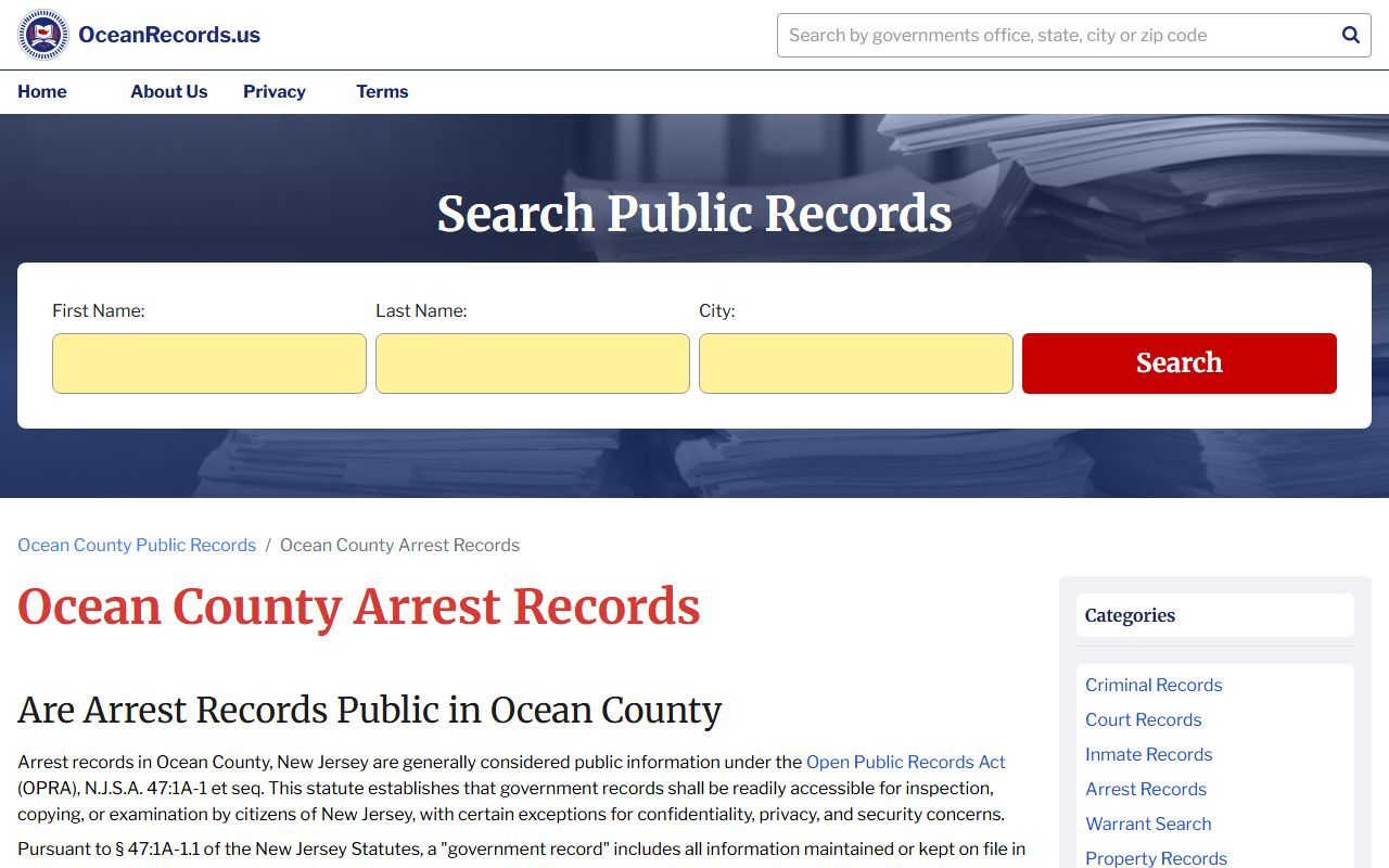 Toms River Township 72 hour booking Ocean County arrest records search