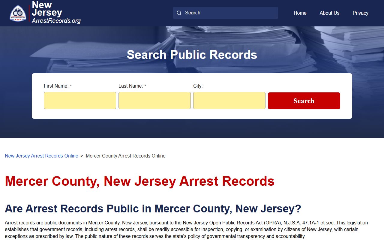 Trenton 72 hour booking Mercer County arrest records search