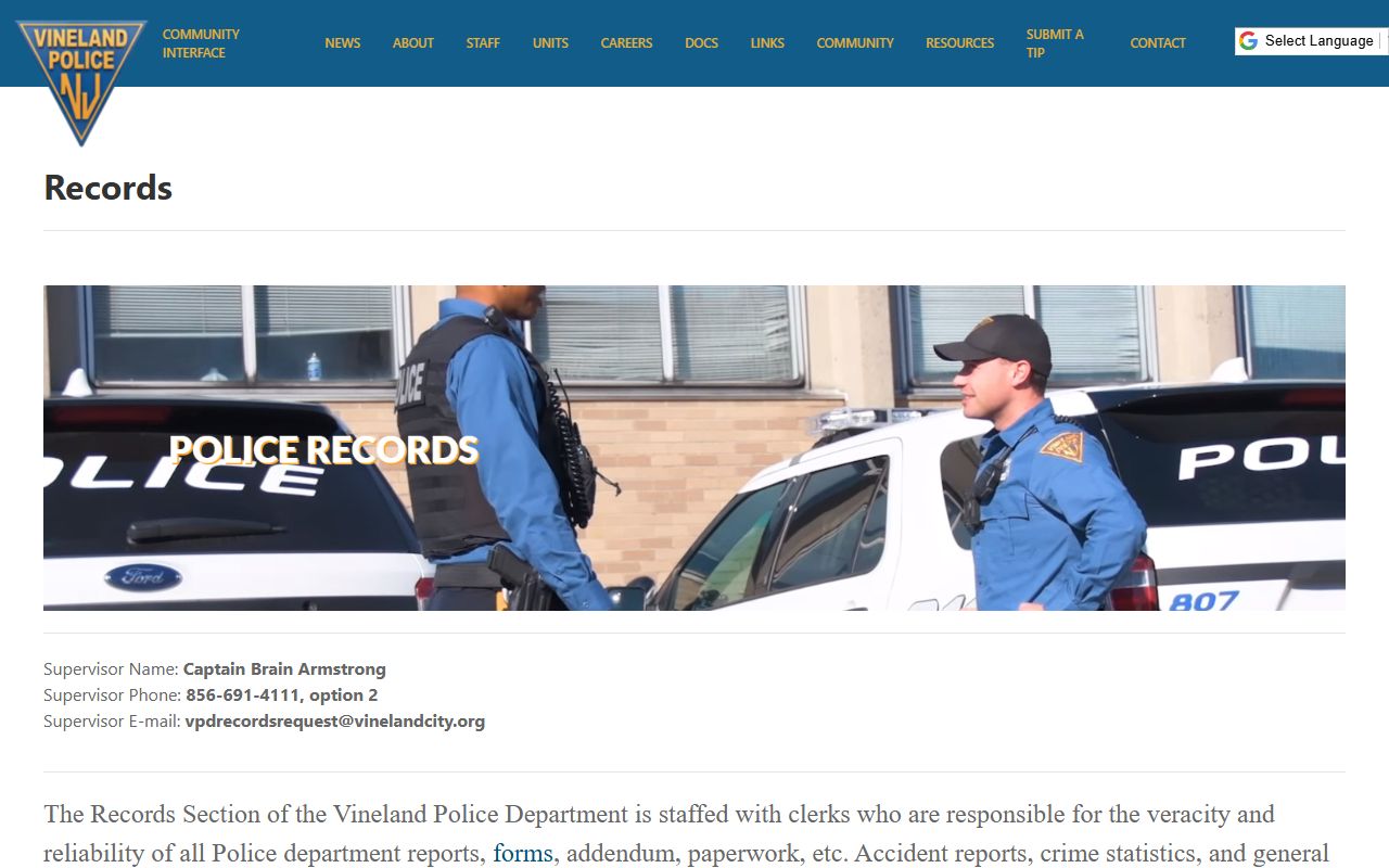 Vineland 72 hour booking police records unit