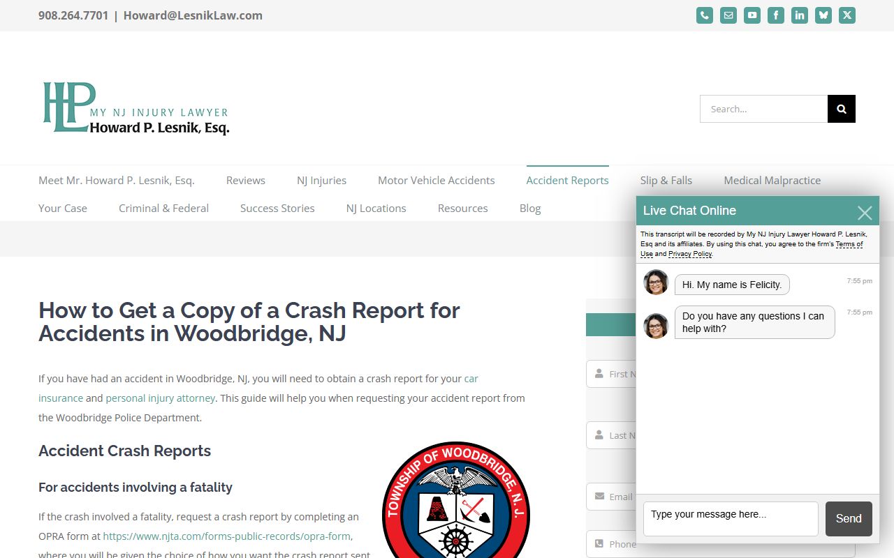 Woodbridge Township 72 hour booking police accident report request process