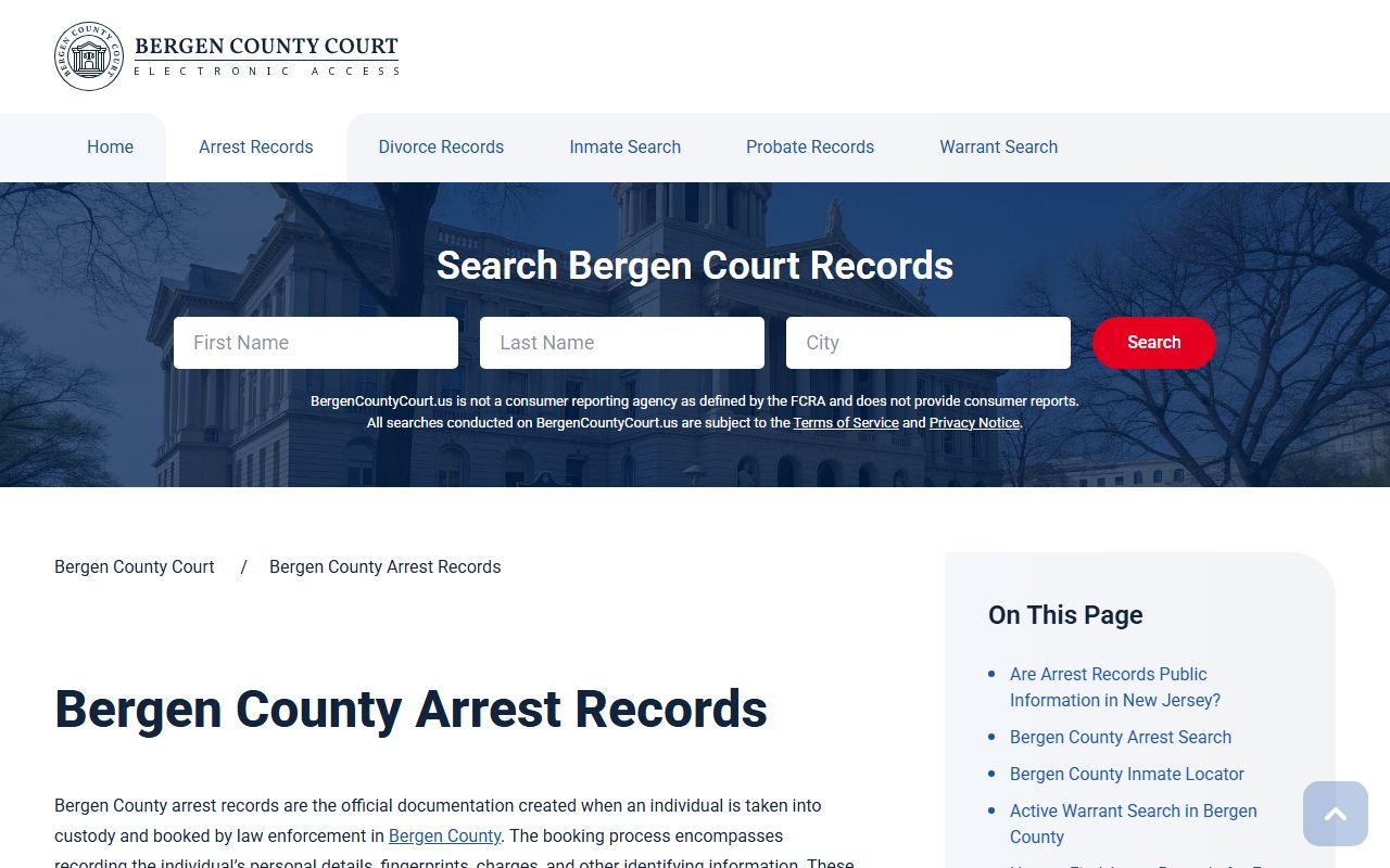 Bergen County arrest records page related to 72 hour booking data