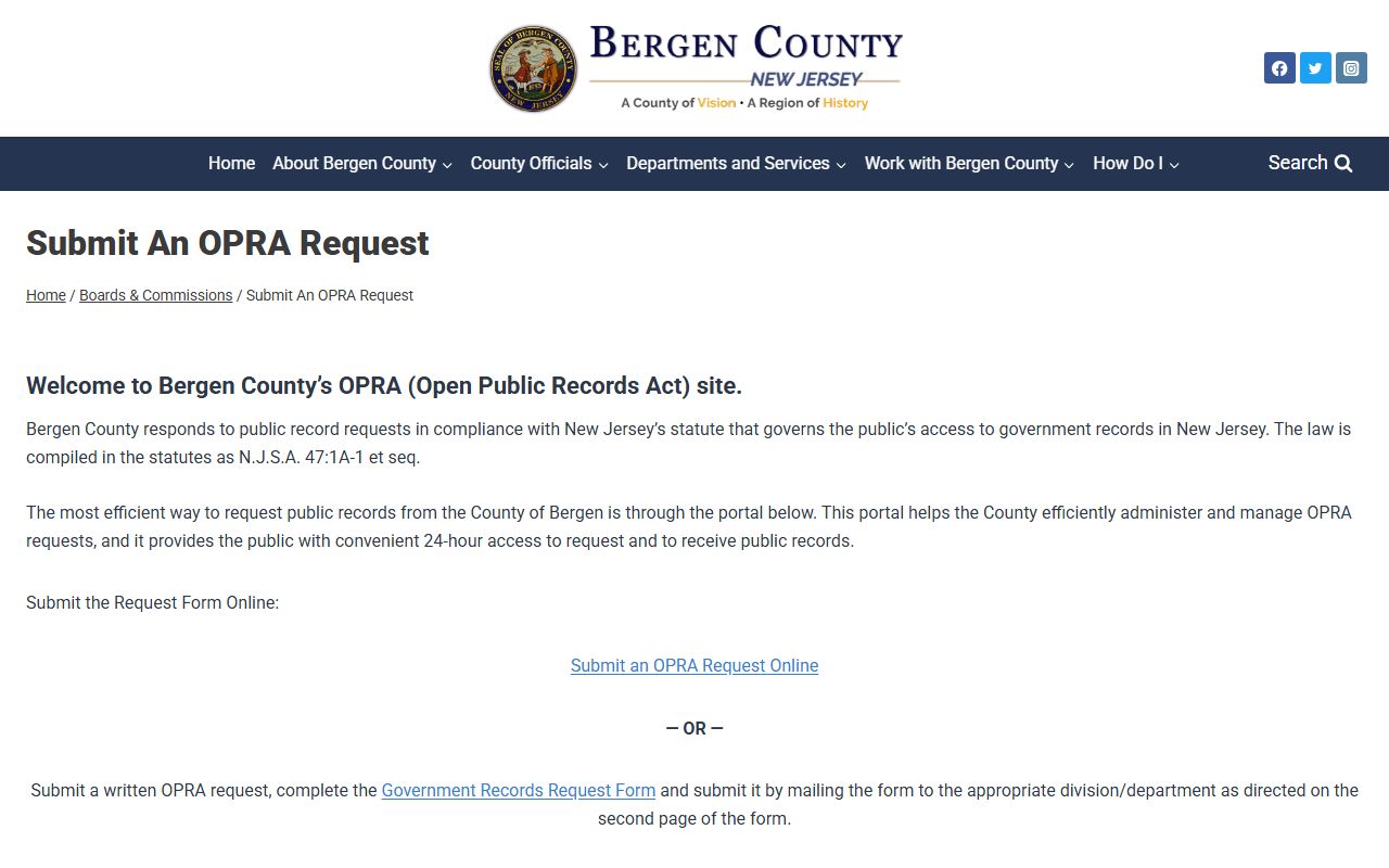 Bergen County OPRA request portal for 72 hour booking records