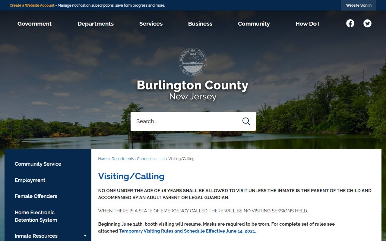 Burlington County jail visiting information and 72 hour booking contacts