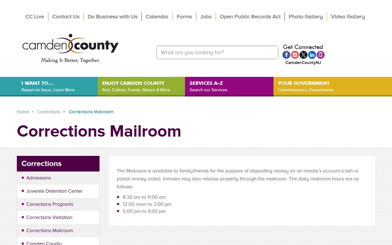 Camden County corrections mailroom services for 72 hour booking inmates