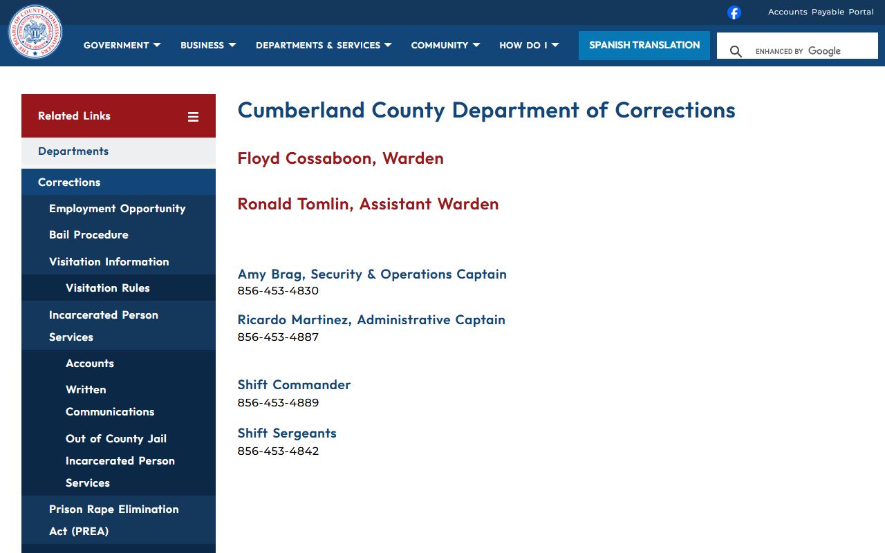Cumberland County 72 hour booking department of corrections page