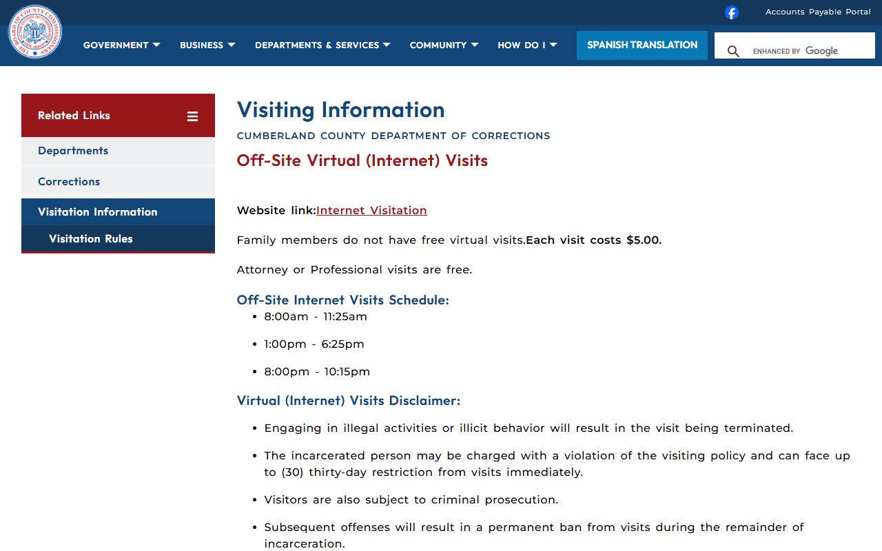 Cumberland County 72 hour booking visitation information page