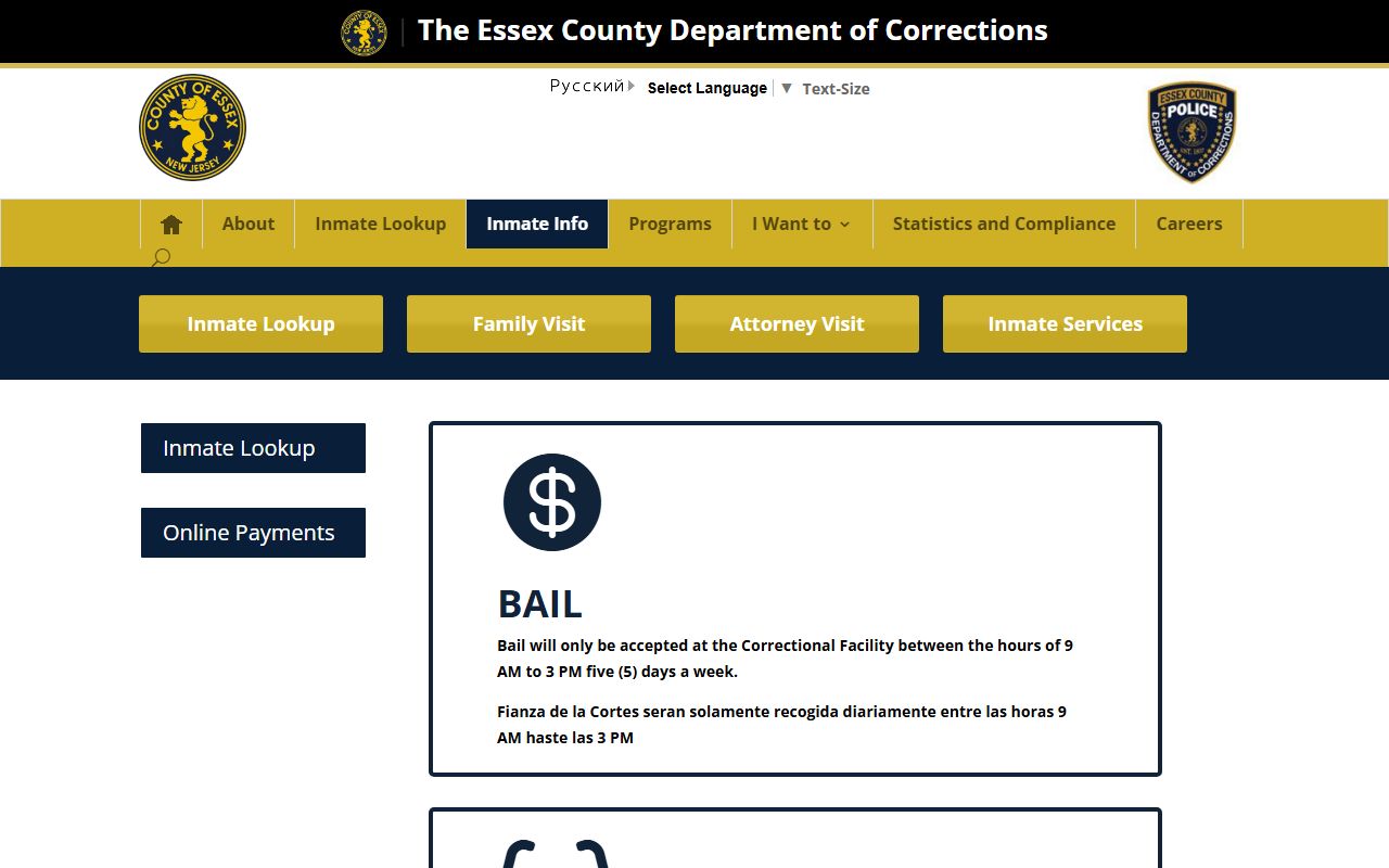 Essex County 72 hour booking inmate information page