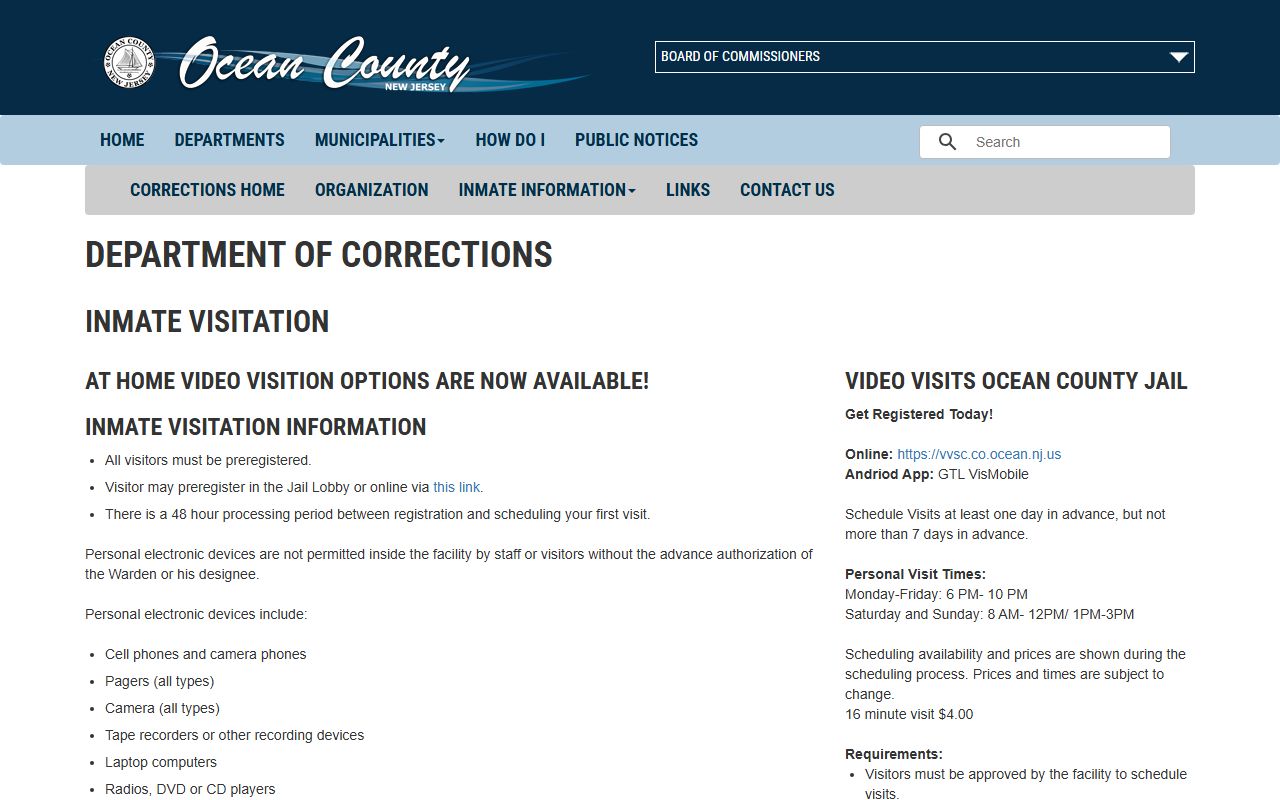 Ocean County 72 hour booking inmate visitation information page