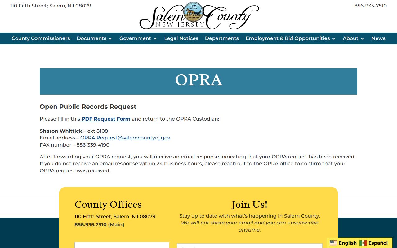 Salem County 72 hour booking OPRA request form page