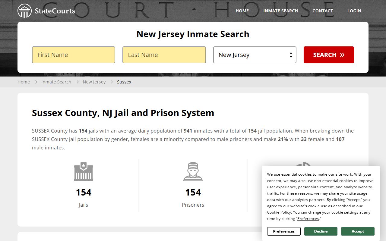 Sussex County 72 hour booking jail inmate search page