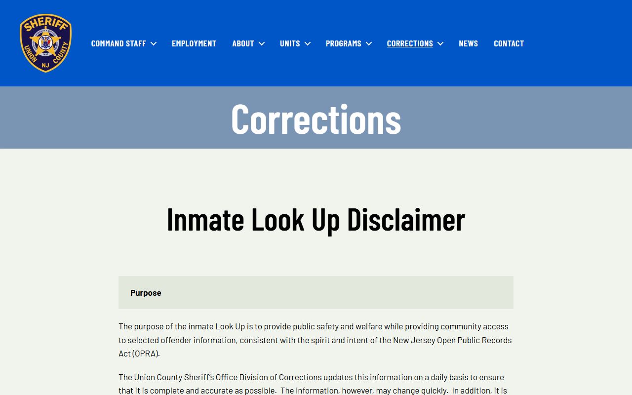 Union County 72 hour booking inmate lookup disclaimer page
