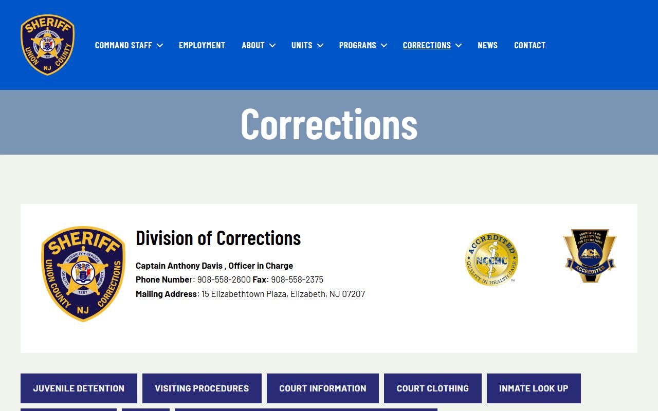 Union County 72 hour booking corrections division page