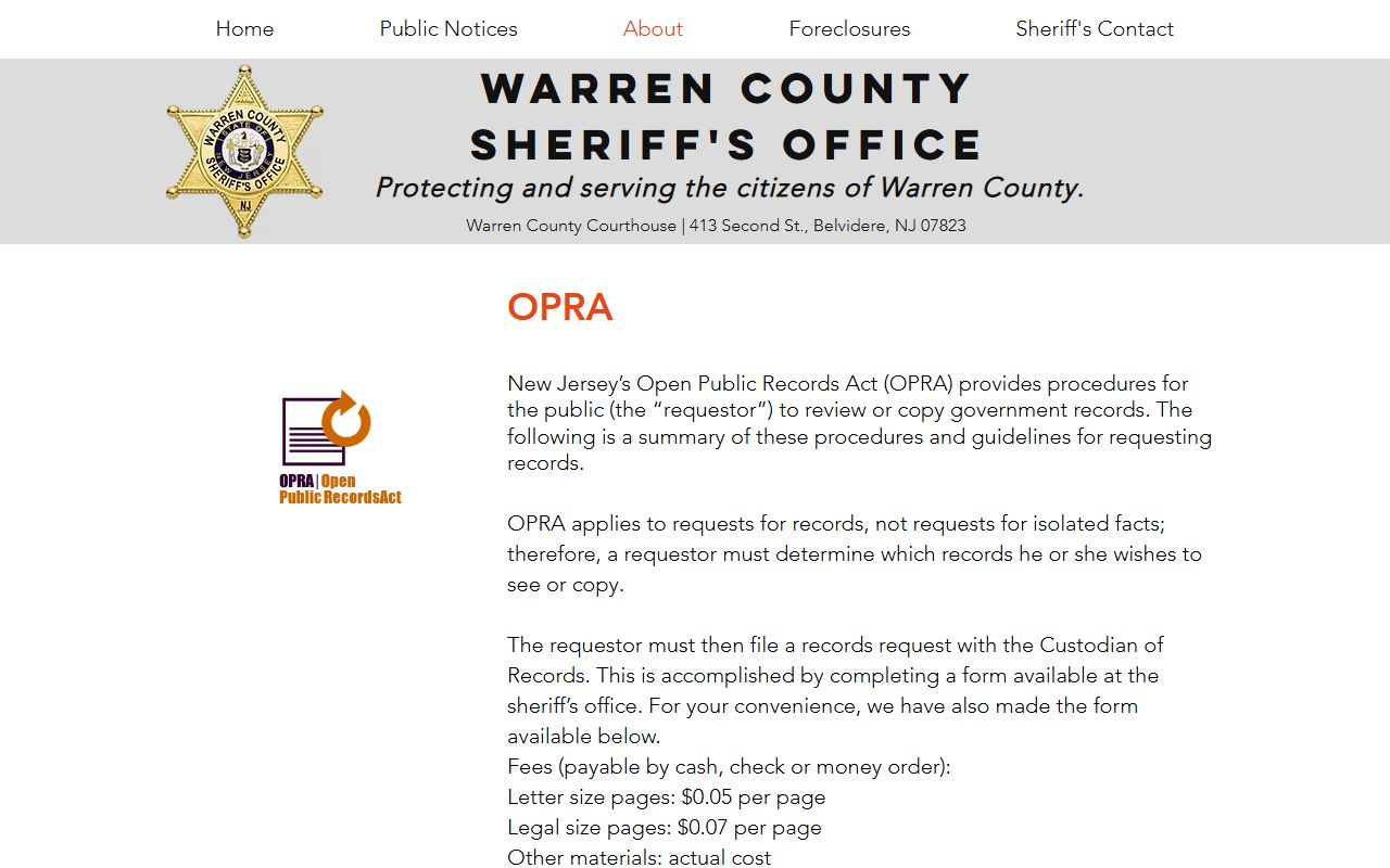 Warren County 72 hour booking OPRA request page on sheriff website