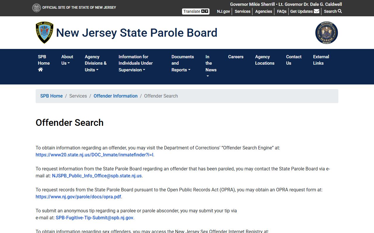 New Jersey State Parole Board 72 hour booking records